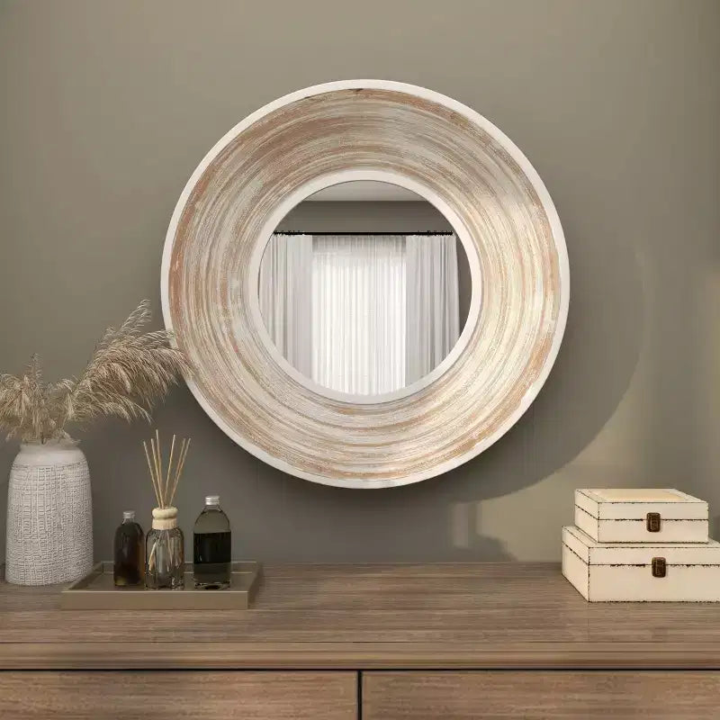 Miroir mural en bois 35x35 avec effet blanchi crème - Olivia & May : Aucun assemblage, cadre en MDF, usage intérieur