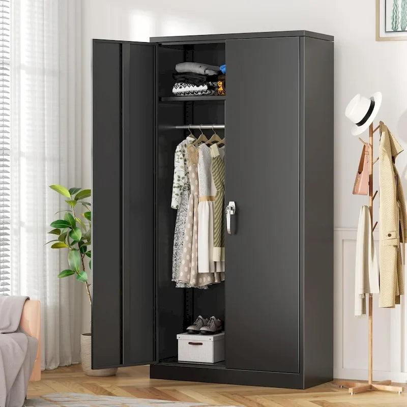 Armoire de rangement en métal verrouillable de 72 po de haut avec tringle de suspension pour garage, salle de sport, bureau à domicile