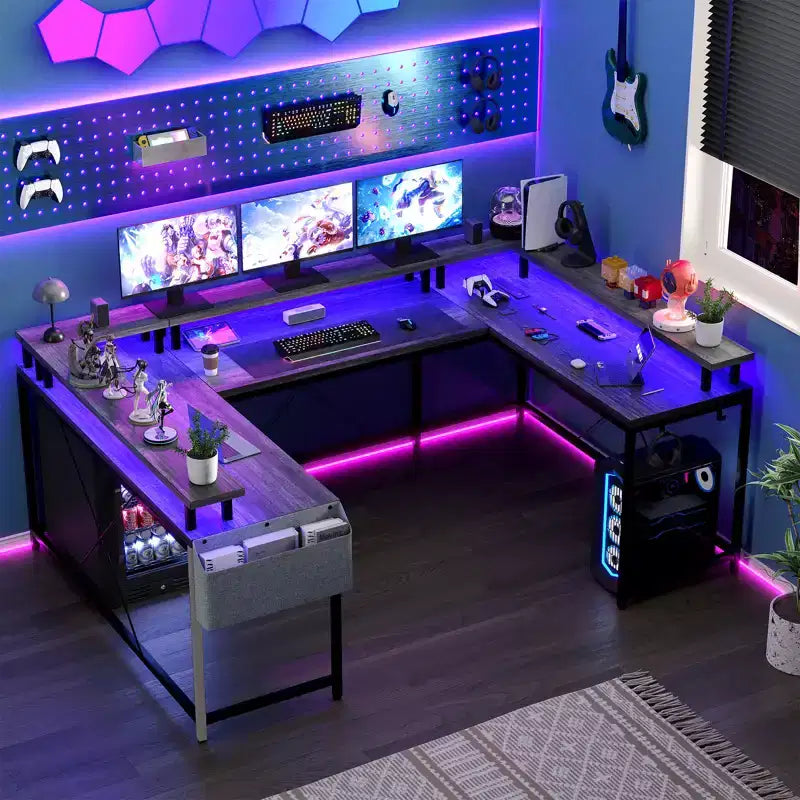 COZONY Bureau de jeu en forme de U/L 78", bureau d'ordinateur réversible avec prises de courant, lumières LED, support de moniteur et étagère de rangement, bureau d'angle pour le bureau à domicile