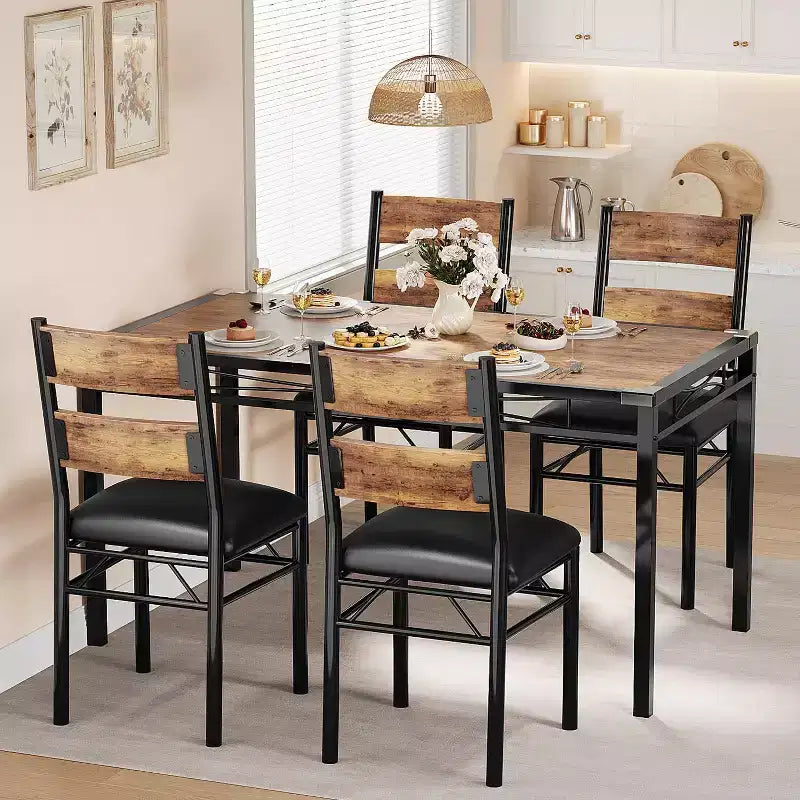 Ensemble table à manger pour 4, table de cuisine en bois avec 4 chaises rembourrées, ensemble de 4 chaises de table de cuisine avec angle anti-collision pour petit espace, cuisine