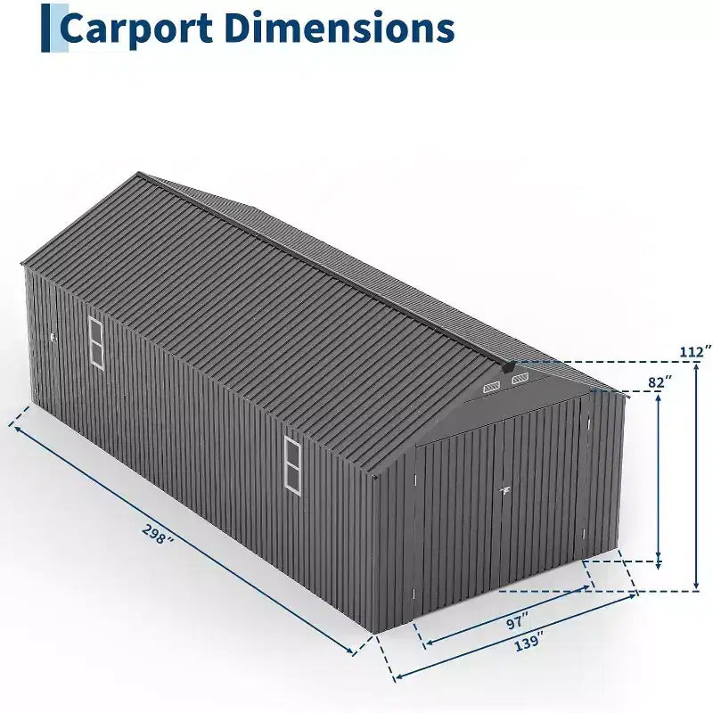 Abri d'auto en métal de 12 x 25 pieds entièrement fermé avec toit vertical et structure en acier