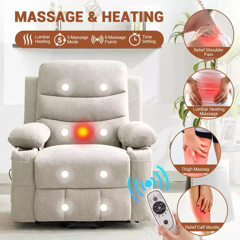 Fauteuil inclinable releveur avec massage et chauffage, fauteuils inclinables électriques surdimensionnés, siège de cinéma maison avec 2 porte-gobelets latéraux, fauteuil simple inclinable à bascule