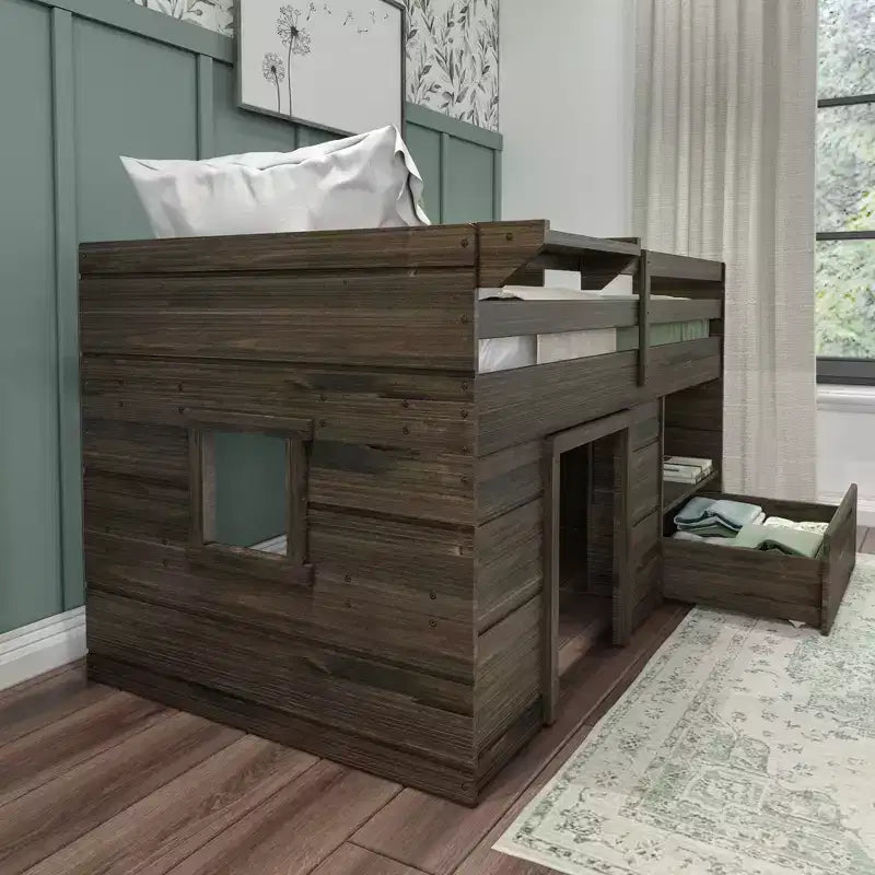 Lit mezzanine bas Max & Lily Modern Farmhouse avec tiroir de rangement, lit en bois massif pour enfants