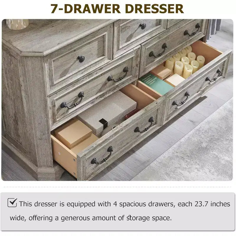 Commode 7 tiroirs de 54 po pour chambre à coucher, coffre de rangement rustique vintage pour salon et couloir
