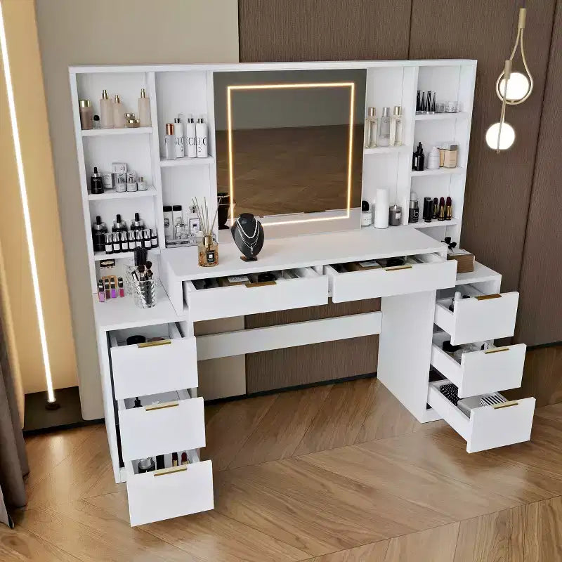 Coiffeuse de 59 pouces avec miroir lumineux, 8 tiroirs, étagères ouvertes pour chambre de fille, éclairage réglable, design gain de place