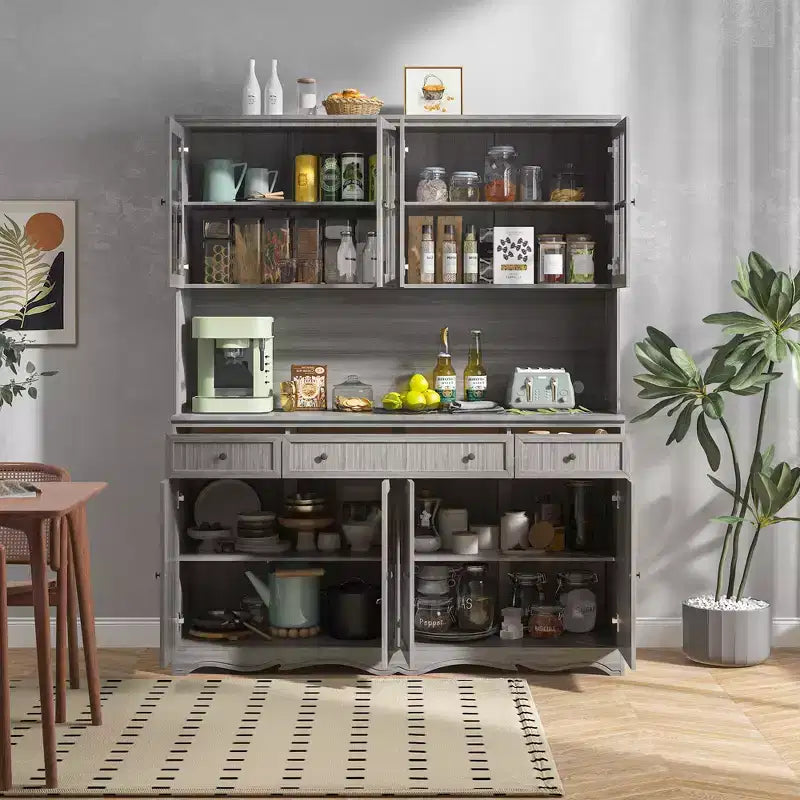 Famapy 61.2W Armoire de rangement grise Buffet Vaisselier de cuisine avec garniture de base ornée : Alliance d'élégance et d'utilité