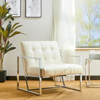 Glitzhome Fauteuil d'appoint touffeté en cuir PU crème, style milieu de siècle, 77,5 cm de hauteur, avec cadre chromé