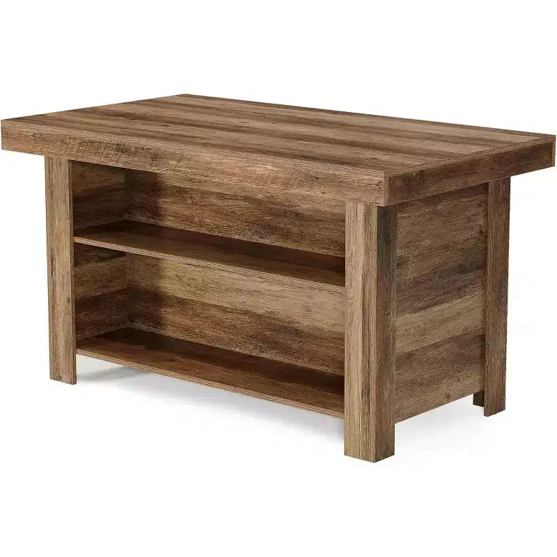 Lantine Table Îlot de Cuisine 140 cm avec Rangement, Table Îlot Fixe en Bois à 3 Niveaux, Table de Bar Moderne avec Étagère de Rangement pour Cuisine, Marron Rustique