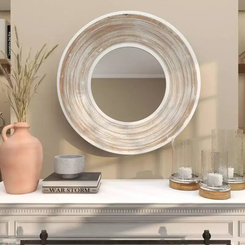 Miroir mural en bois 35x35 avec effet blanchi crème - Olivia & May : Aucun assemblage, cadre en MDF, usage intérieur
