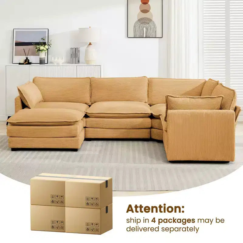 Canapé modulaire moderne 5 places en velours côtelé, surdimensionné, 113,4 po (L) x 79,13 po (l), avec pouf, canapé en U avec coin salon, HYLEORY