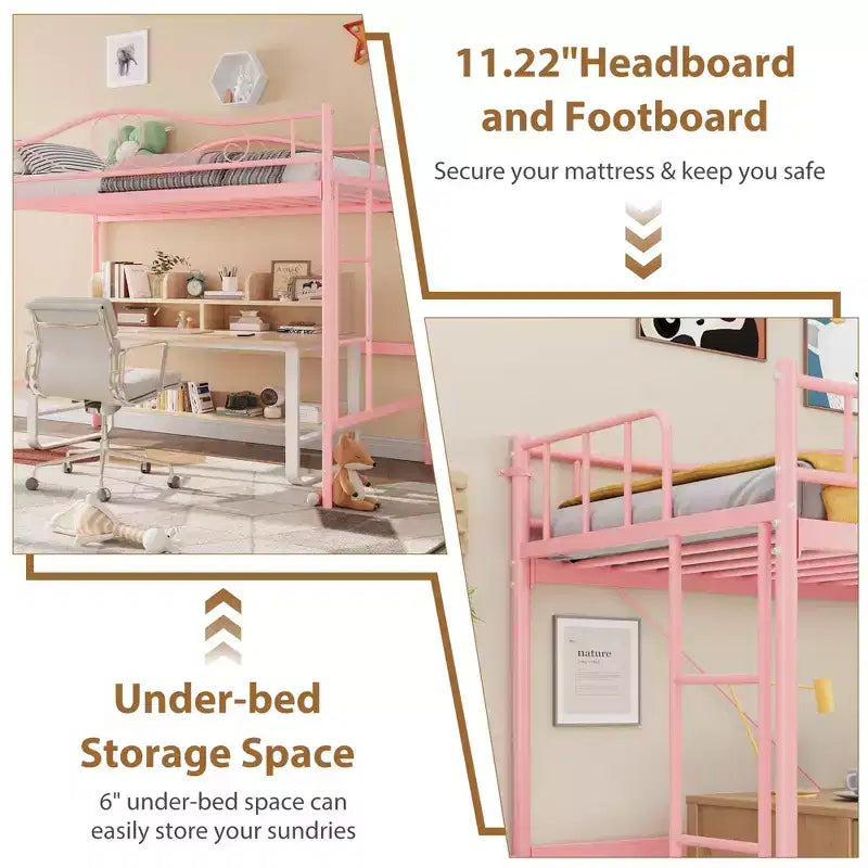 Lit mezzanine double avec échelle amovible et garde-corps de sécurité intégral, lit mezzanine double avec cadre en métal robuste d'une capacité de 180 kg, gain de place.