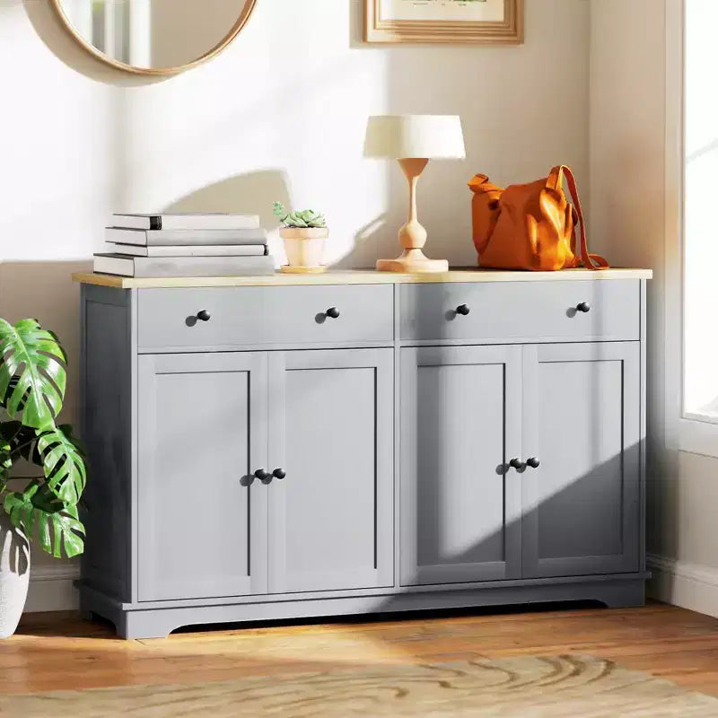 Buffet bas HOMCOM avec rangements, Meuble de cuisine moderne avec 4 portes, 2 tiroirs et 2 étagères réglables, Meuble de bar à café