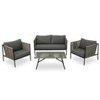 Ensemble de patio en corde d'extérieur 4 pièces pour 4 personnes avec coussins et table en verre