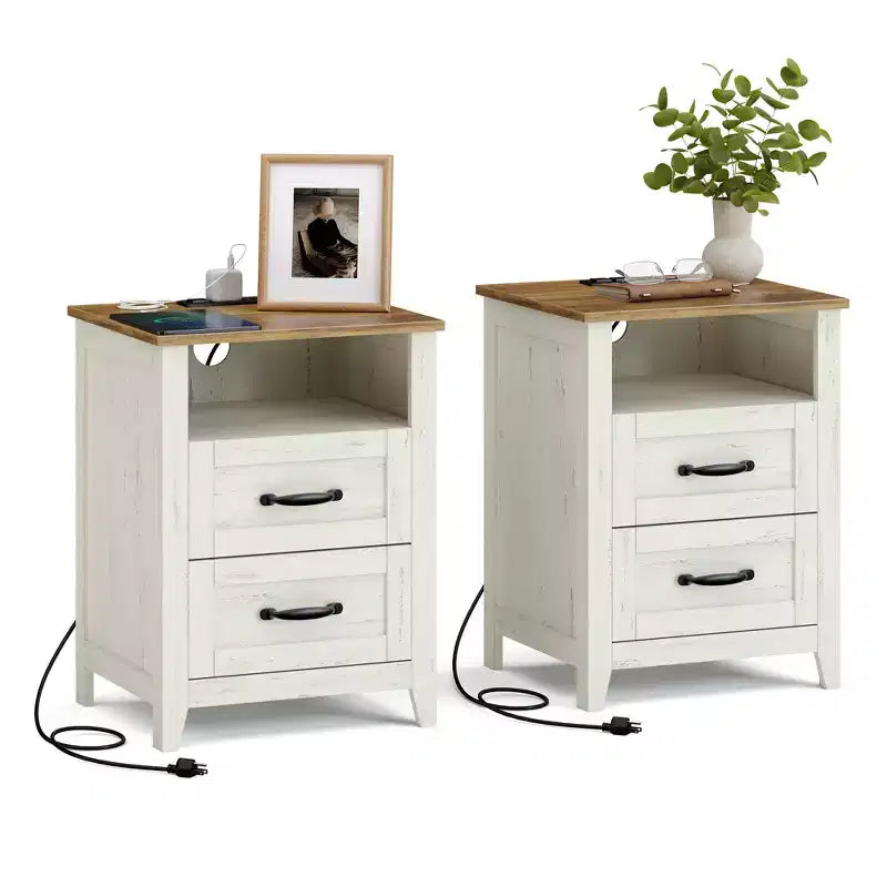 Lot de 2 tables de chevet de ferme avec port de chargement USB - Tables de nuit à 2 tiroirs, design rustique et moderne