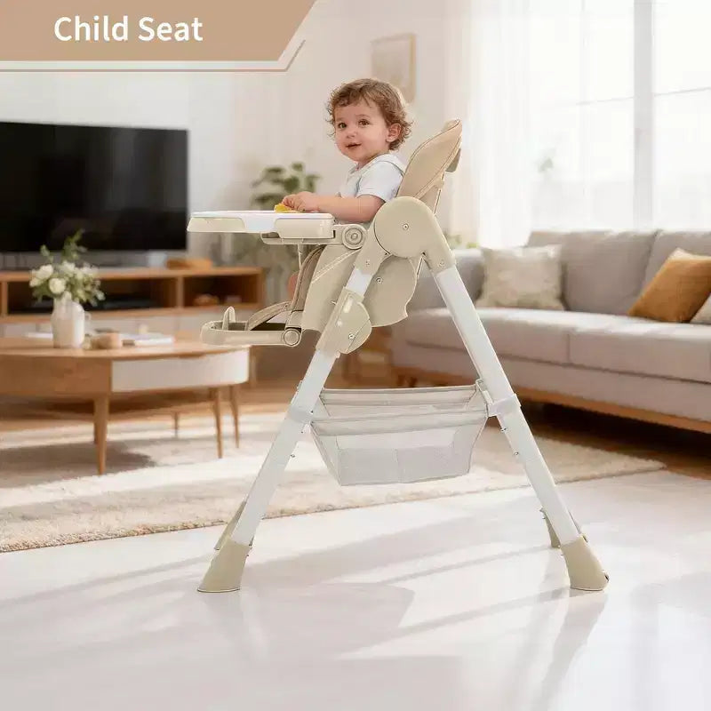 Chaise haute pliable pour bébés et tout-petits, chaise haute en cuir PU avec dossier réglable, hauteur d'assise, plateau amovible, harnais de sécurité 5 points et roues verrouillables