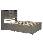 Lit moderne queen size gris en bois avec tête de lit de rangement et 8 tiroirs