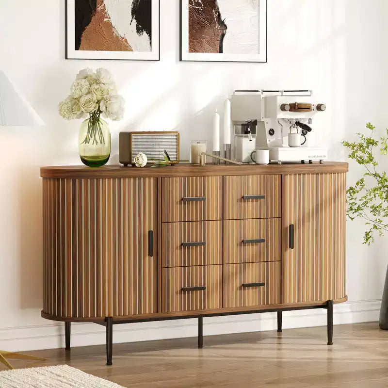 Buffet bas de ferme cannelé de 150 cm, meuble TV avec 6 tiroirs et 2 portes coulissantes, meuble de rangement polyvalent pour salon