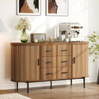 Buffet bas de ferme cannelé de 150 cm, meuble TV avec 6 tiroirs et 2 portes coulissantes, meuble de rangement polyvalent pour salon