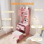 Coiffeuse 3-en-1 avec miroir lumineux, table de toilette compacte avec tiroirs, compartiment de rangement et tabouret roulant pour chambre à coucher
