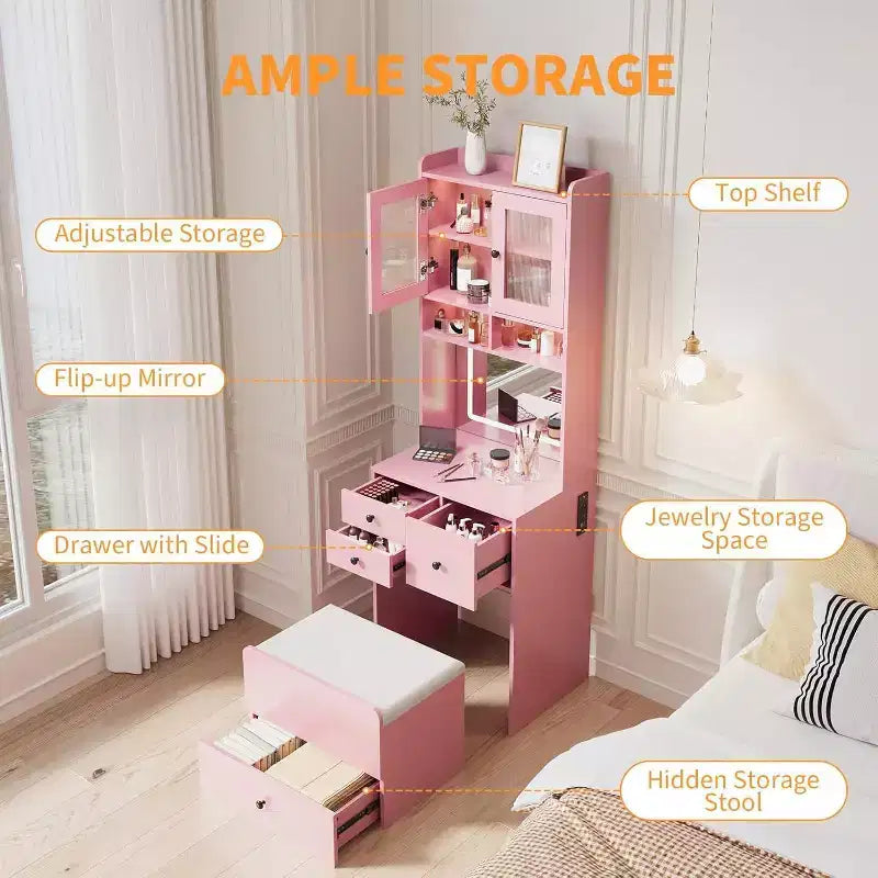 Coiffeuse 3-en-1 avec miroir lumineux, table de toilette compacte avec tiroirs, compartiment de rangement et tabouret roulant pour chambre à coucher