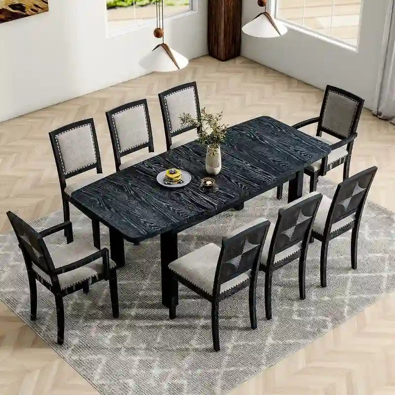 Ensemble de salle à manger extensible 9 pièces avec rallonge amovible de 61 cm, 6 chaises de salle à manger sans accoudoirs rembourrées et 2 fauteuils rembourrés