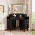 Coiffeuse d'angle 47 po avec miroir et lumière, table de maquillage en bois avec plateau en verre et station de charge, coiffeuse pour chambre à coucher