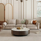 Table basse ronde moderne en faux marbre 35 po, plateau en pierre frittée blanche brillante, table du milieu du siècle avec tiroir en bois massif