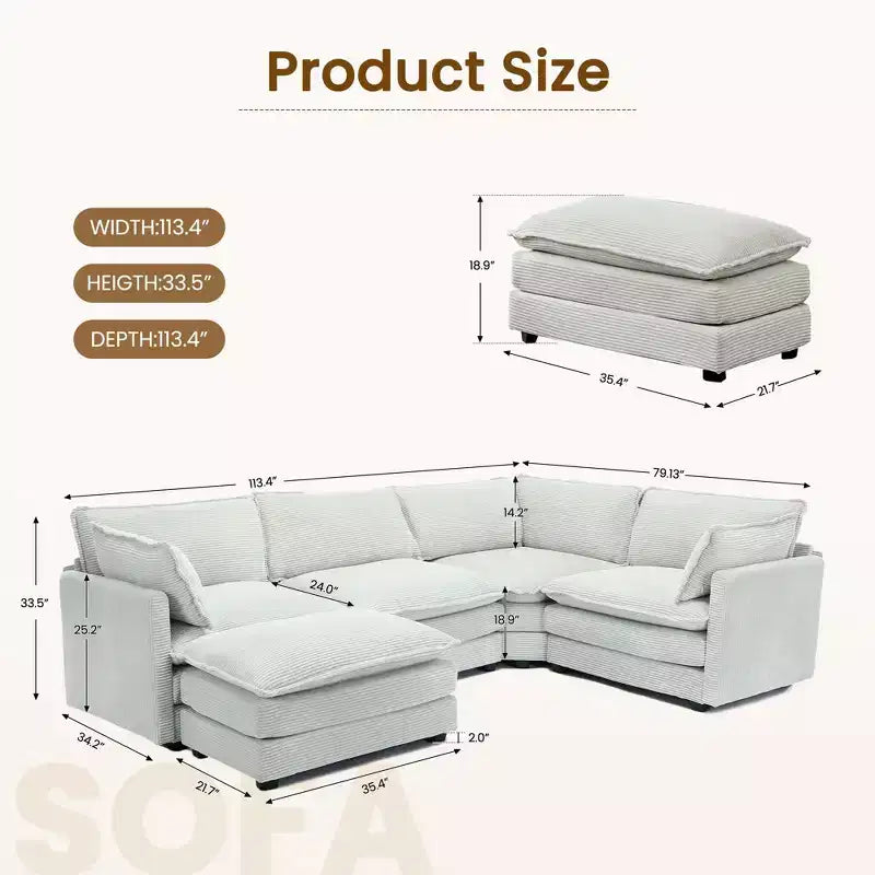 Canapé modulaire moderne 5 places en velours côtelé, surdimensionné, 113,4 po (L) x 79,13 po (l), avec pouf, canapé en U avec coin salon, HYLEORY