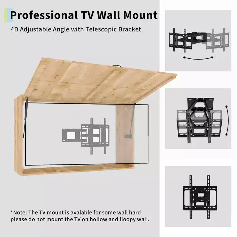 Meuble TV d'extérieur 55 pouces, cache-télévision en bois massif résistant aux intempéries avec support réglable 4D et porte rabattable (convient aux téléviseurs de 44 à 55 pouces)