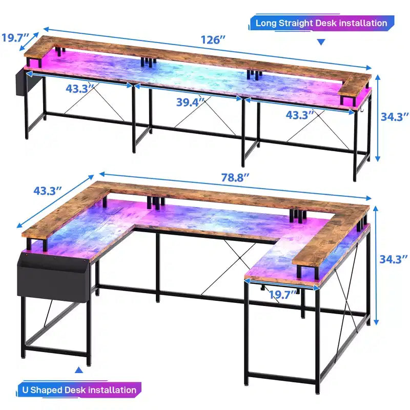 COZONY Bureau de jeu en forme de U/L 78", bureau d'ordinateur réversible avec prises de courant, lumières LED, support de moniteur et étagère de rangement, bureau d'angle pour le bureau à domicile
