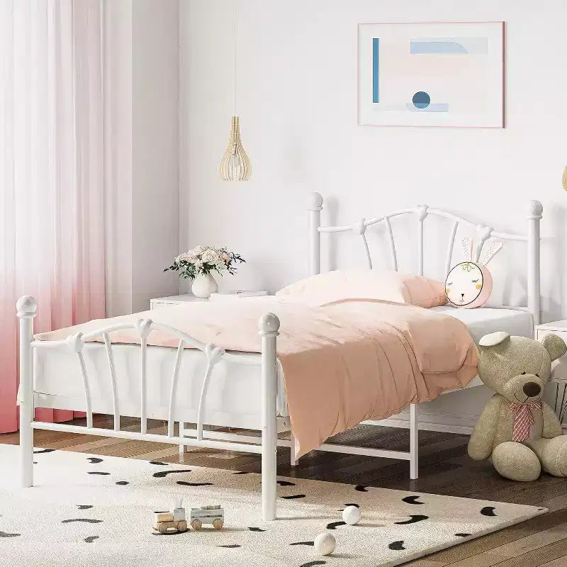 Twin Bed Frame for Kids, Kids Twin Bed Frame with Heart Shaped Headboard and Tailboard, Heavy Metal Slat Support, Noise-Free, White