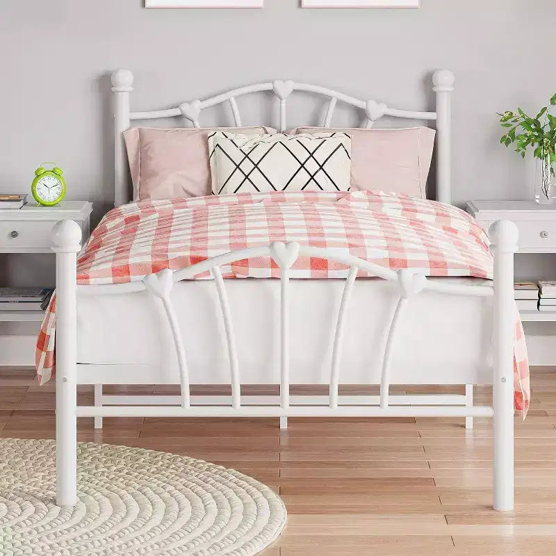 Twin Bed Frame for Kids with Heart-Shaped Headboard, Heavy Metal Slat Support, Noise-Free, White