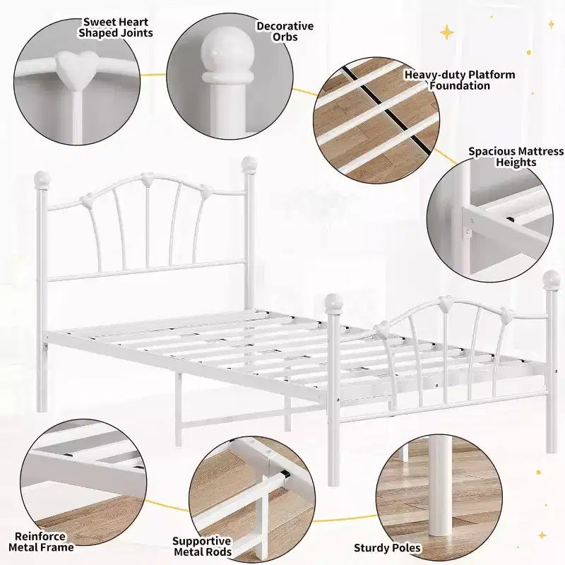 Twin Bed Frame for Kids with Heart-Shaped Headboard, Heavy Metal Slat Support, Noise-Free, White