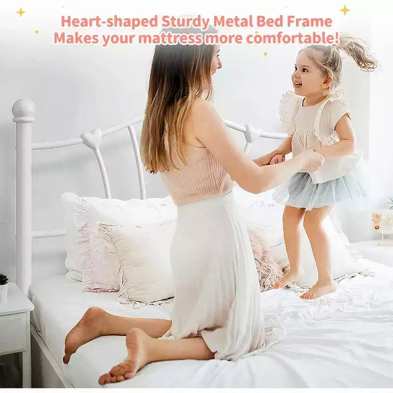 Twin Bed Frame for Kids with Heart-Shaped Headboard, Heavy Metal Slat Support, Noise-Free, White