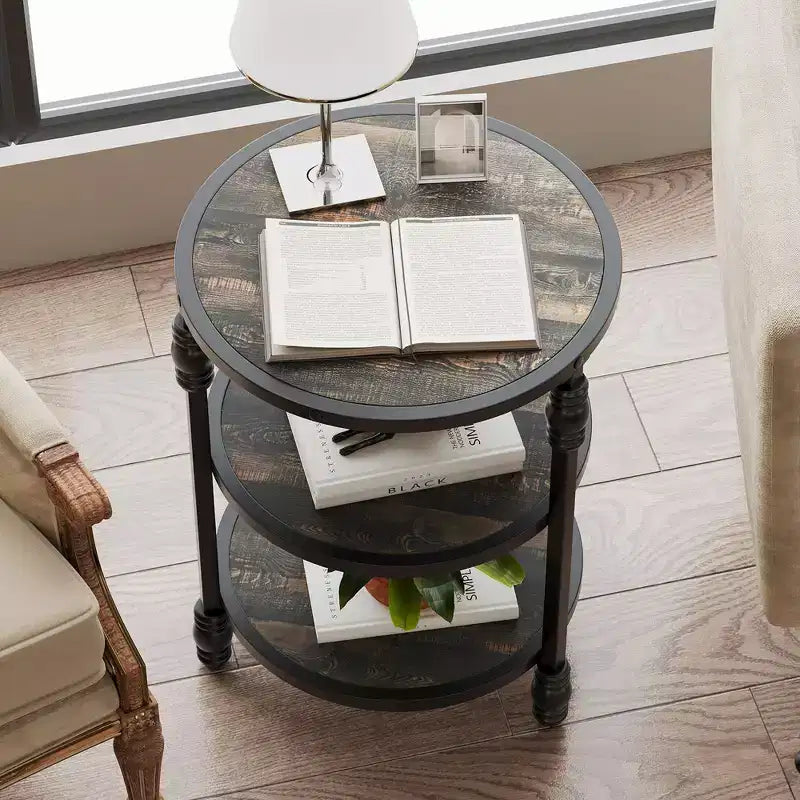 Round Side Table with 3 Shelves, Small End Table for Living Room, Bedroom, Steel Frame Nightstand & Coffee Table