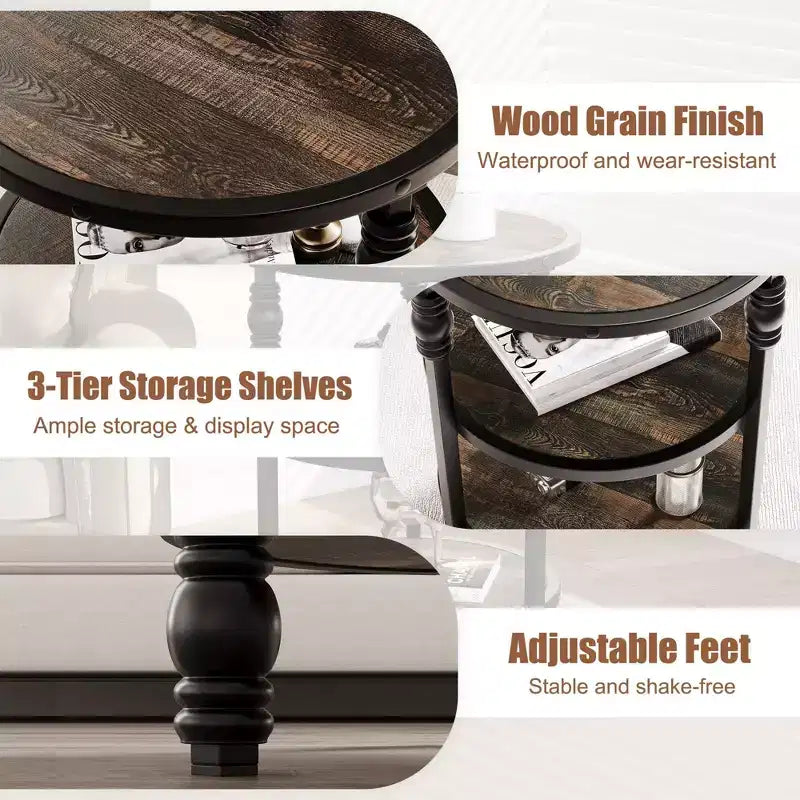 Round Side Table with 3 Shelves, Small End Table for Living Room, Bedroom, Steel Frame Nightstand & Coffee Table