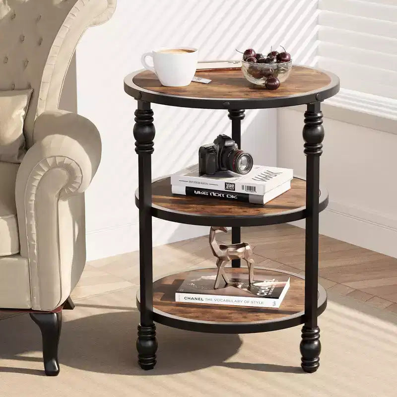 Round Side Table with 3 Shelves, Small End Table for Living Room, Bedroom, Steel Frame Nightstand & Coffee Table