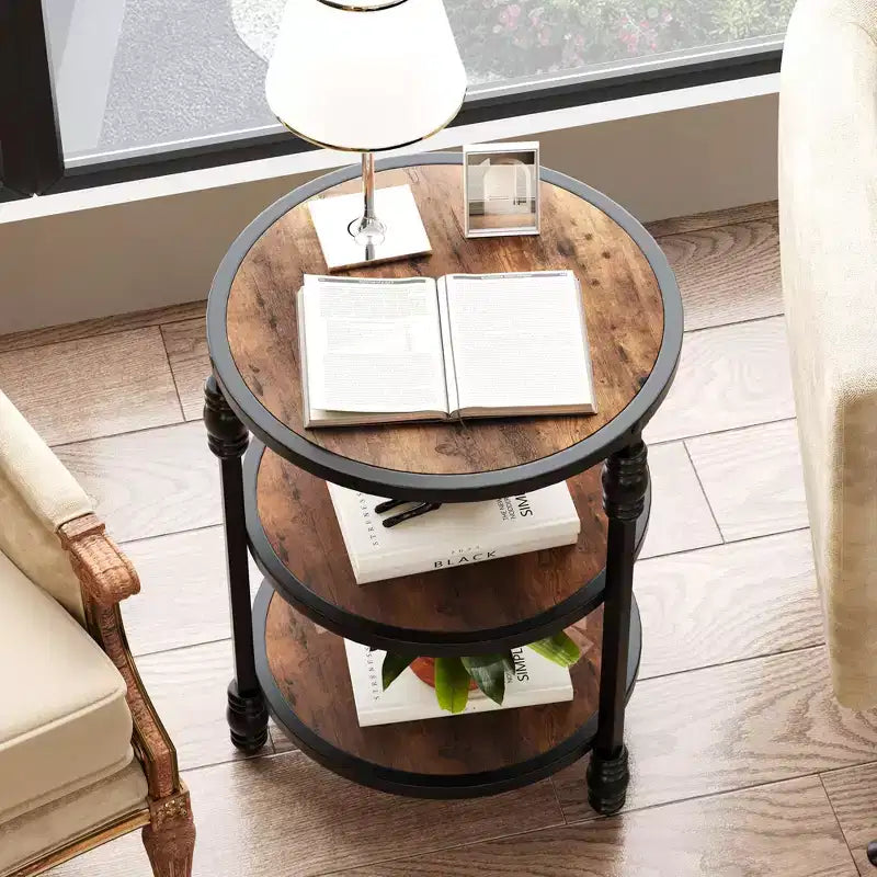 Round Side Table with 3 Shelves, Small End Table for Living Room, Bedroom, Steel Frame Nightstand & Coffee Table