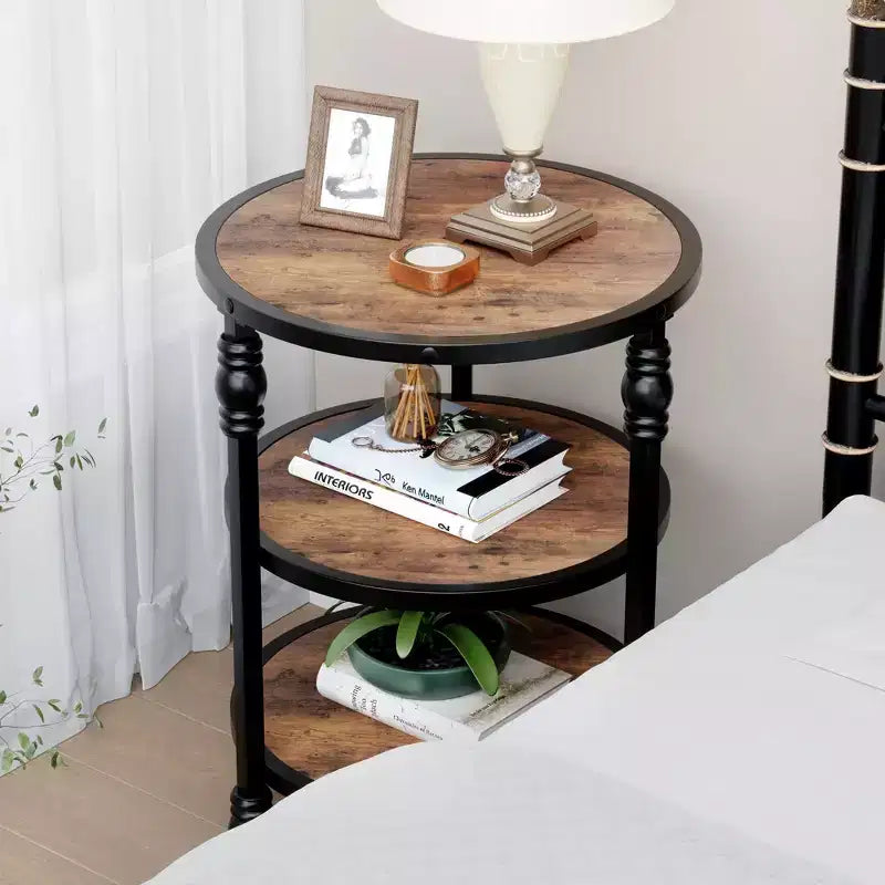 Round Side Table with 3 Shelves, Small End Table for Living Room, Bedroom, Steel Frame Nightstand & Coffee Table