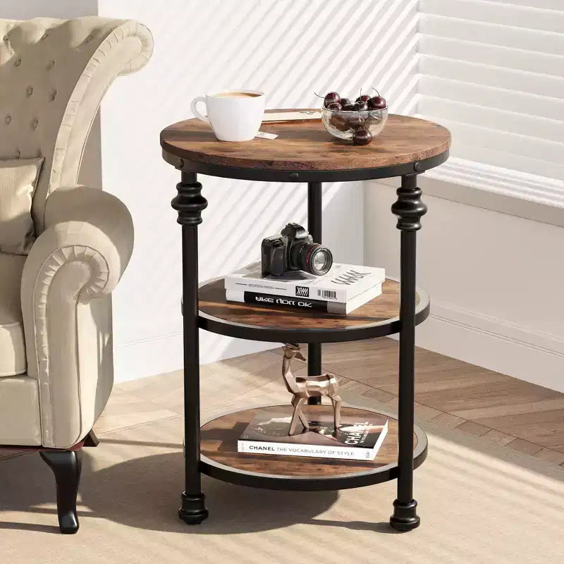 Round Side Table with 3 Shelves, Small End Table for Living Room, Bedroom, Steel Frame Nightstand & Coffee Table