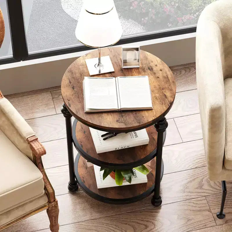 Round Side Table with 3 Shelves, Small End Table for Living Room, Bedroom, Steel Frame Nightstand & Coffee Table