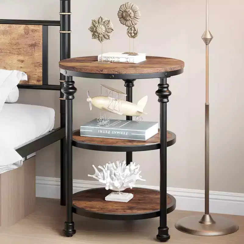Round Side Table with 3 Shelves, Small End Table for Living Room, Bedroom, Steel Frame Nightstand & Coffee Table