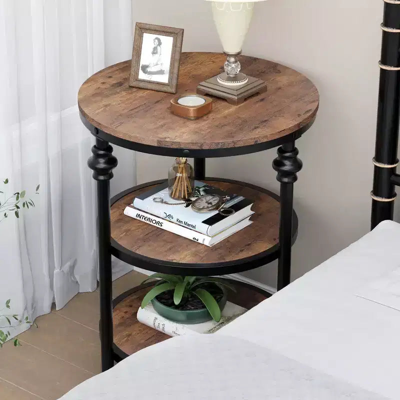 Round Side Table with 3 Shelves, Small End Table for Living Room, Bedroom, Steel Frame Nightstand & Coffee Table