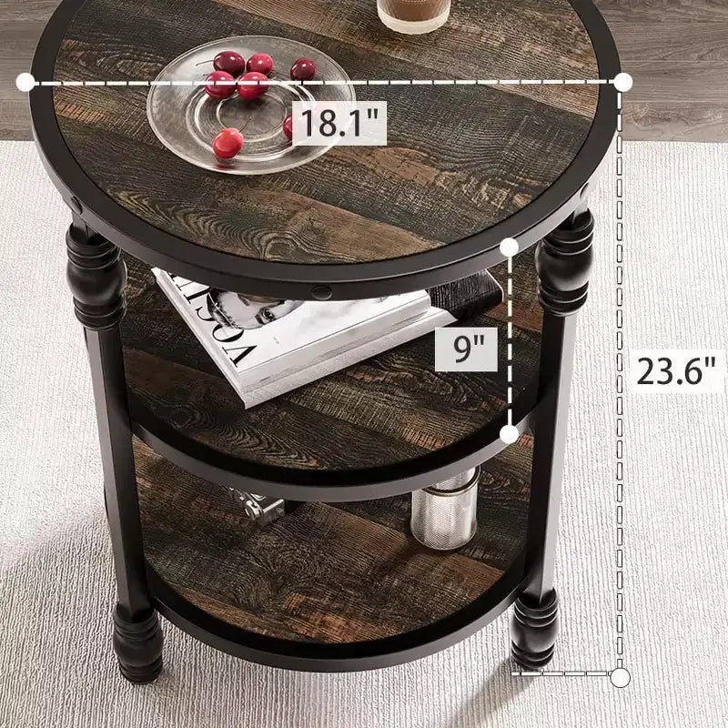 Round Side Table with 3 Shelves, Small End Table for Living Room, Bedroom, Steel Frame Nightstand & Coffee Table