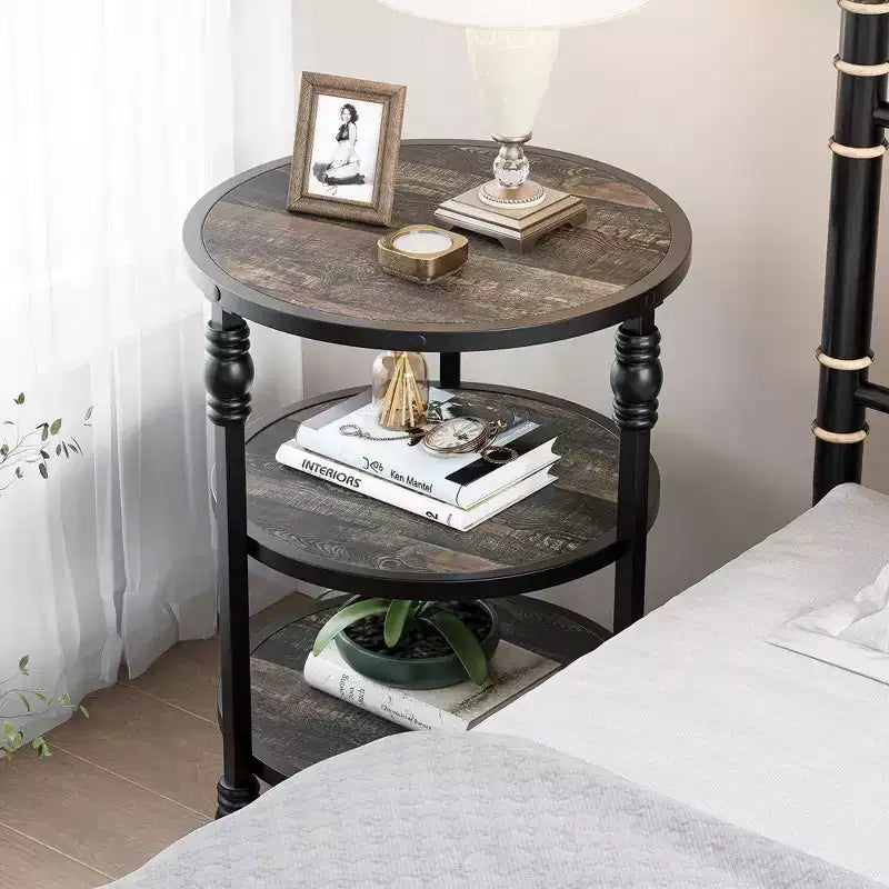 Round Side Table with 3 Shelves, Small End Table for Living Room, Bedroom, Steel Frame Nightstand & Coffee Table