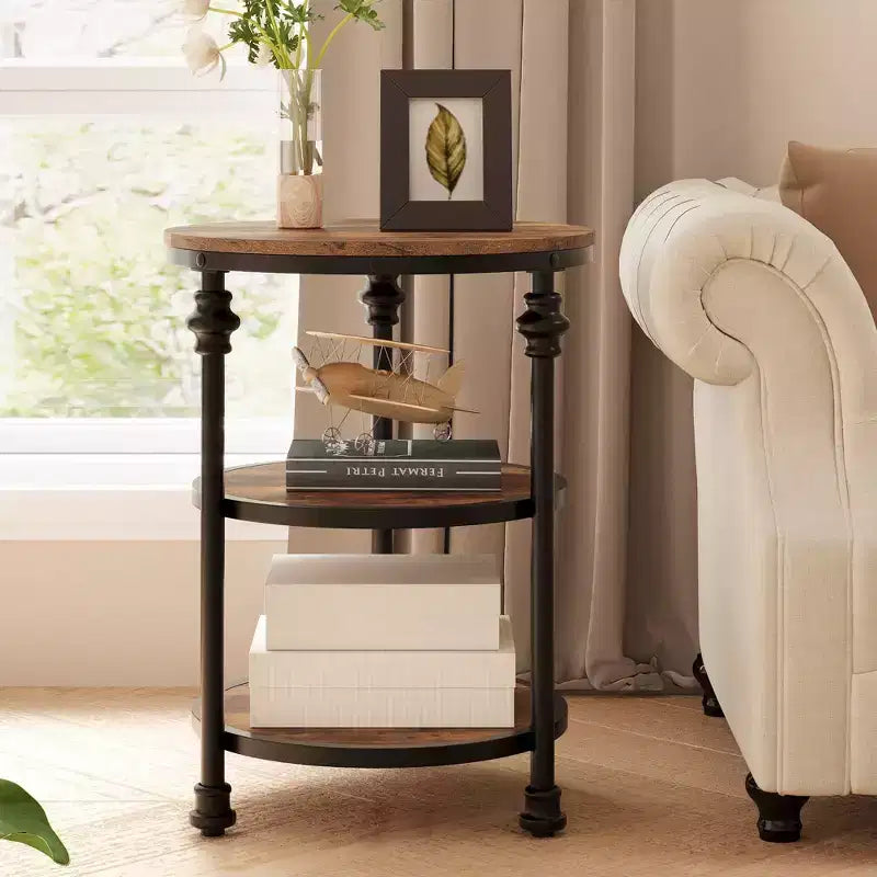 Small Side Table, Round End Table with 3 Shelves for Living Room, Bedroom, Night Stand Accent Coffee Table with Steel Frame for Small Spaces