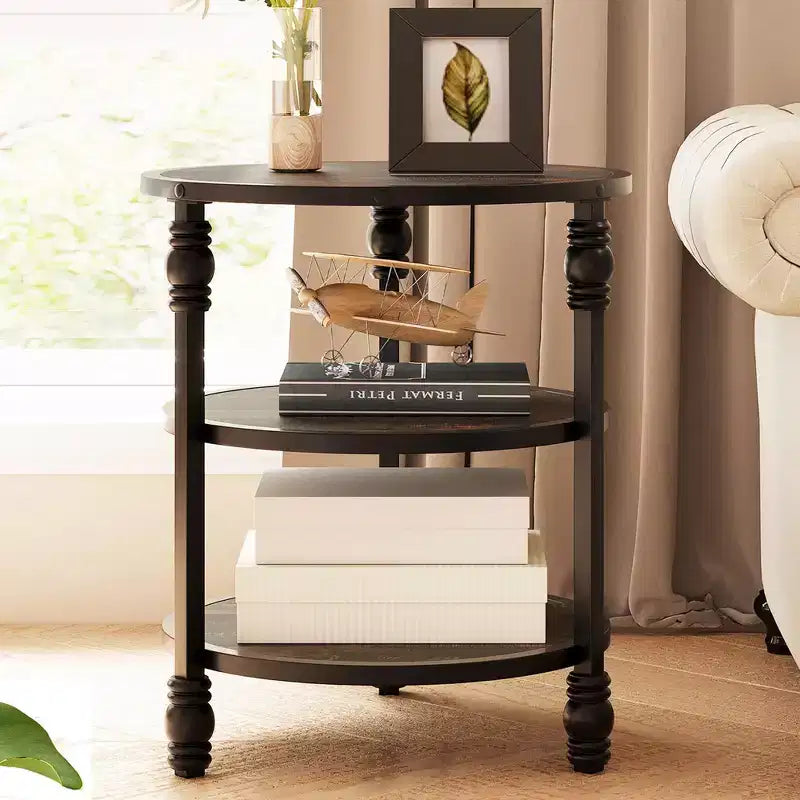 Round Side Table with 3 Shelves, Small End Table for Living Room, Bedroom, Steel Frame Nightstand & Coffee Table