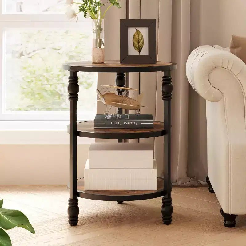 Round Side Table with 3 Shelves, Small End Table for Living Room, Bedroom, Steel Frame Nightstand & Coffee Table