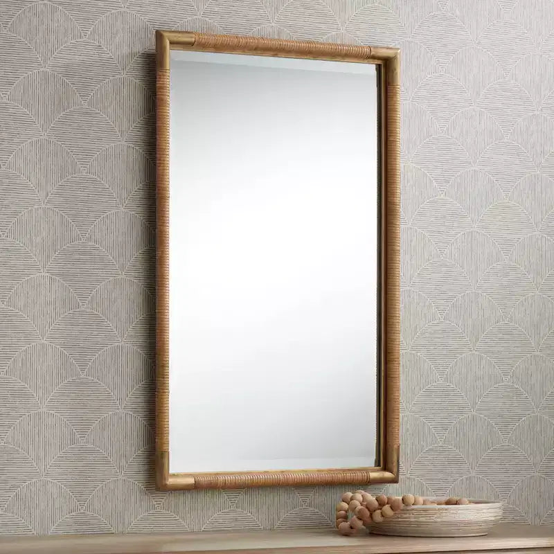 Antiqued Gold and Rattan 23 x 36 Vanity Mirror