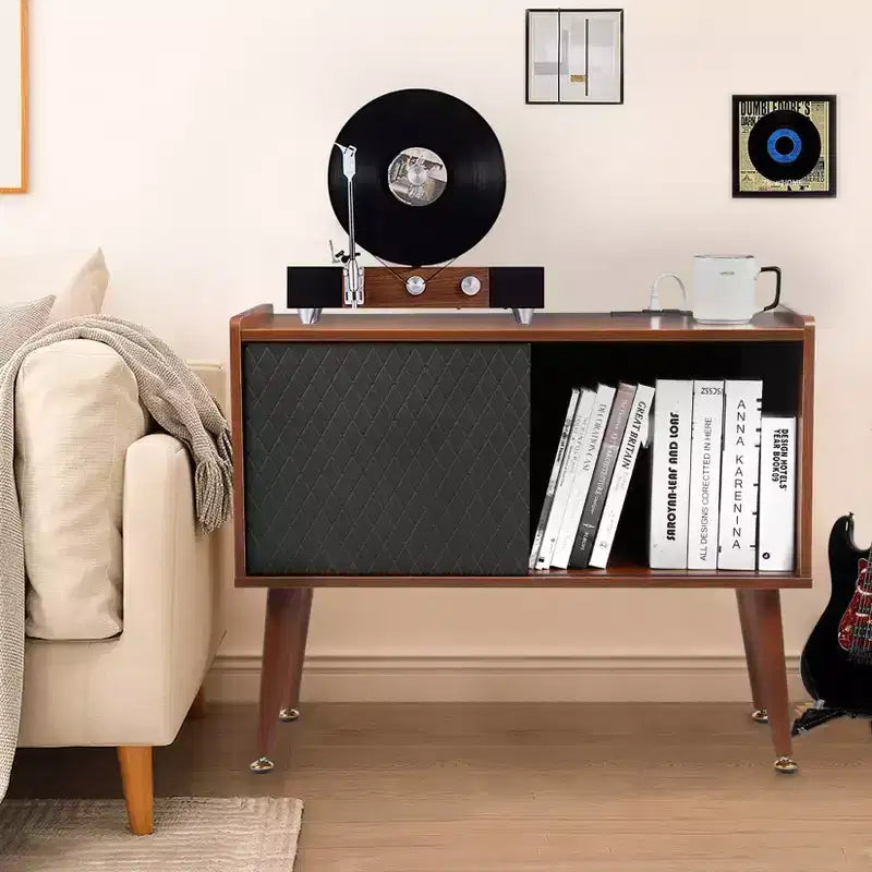 Record Player Stand with Charging Station & USB Ports – Holds 300 Albums, Vinyl Storage Cabinet
